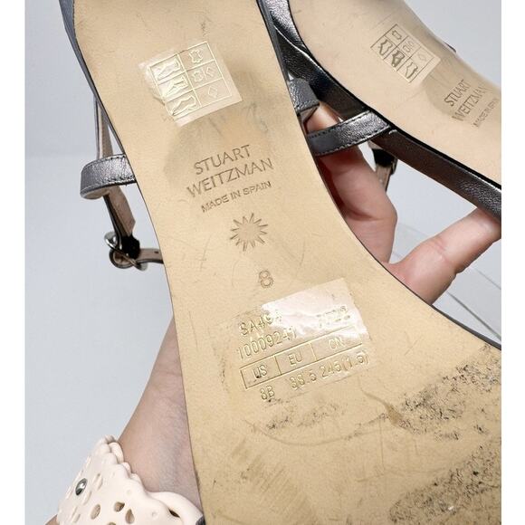 Stuart Weitzman Starla 80 Ankle Strap Leather Heel Gunmetal Gray Silver US 8 - Picture 9 of 9